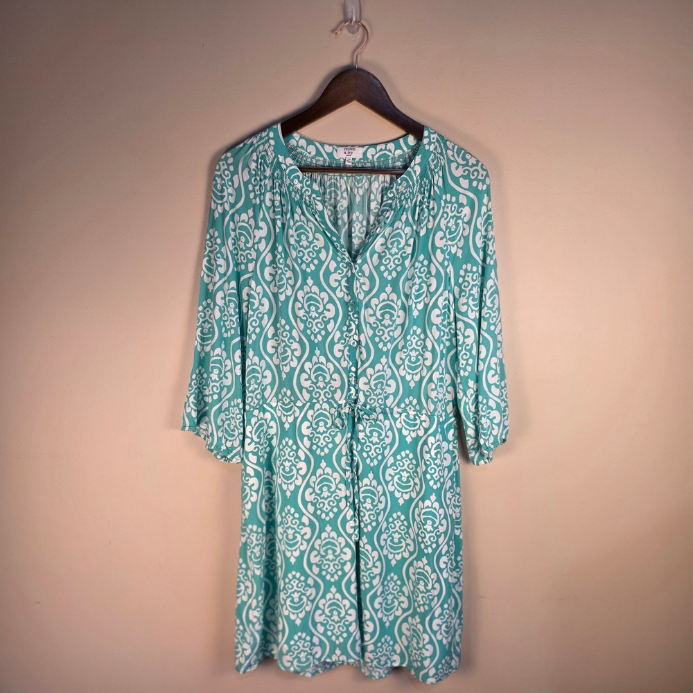 Crown & Ivy Dress Womens 10P Turquoise White Damask Cotton 3/4 Sleeve Pockets - Picture 2 of 13